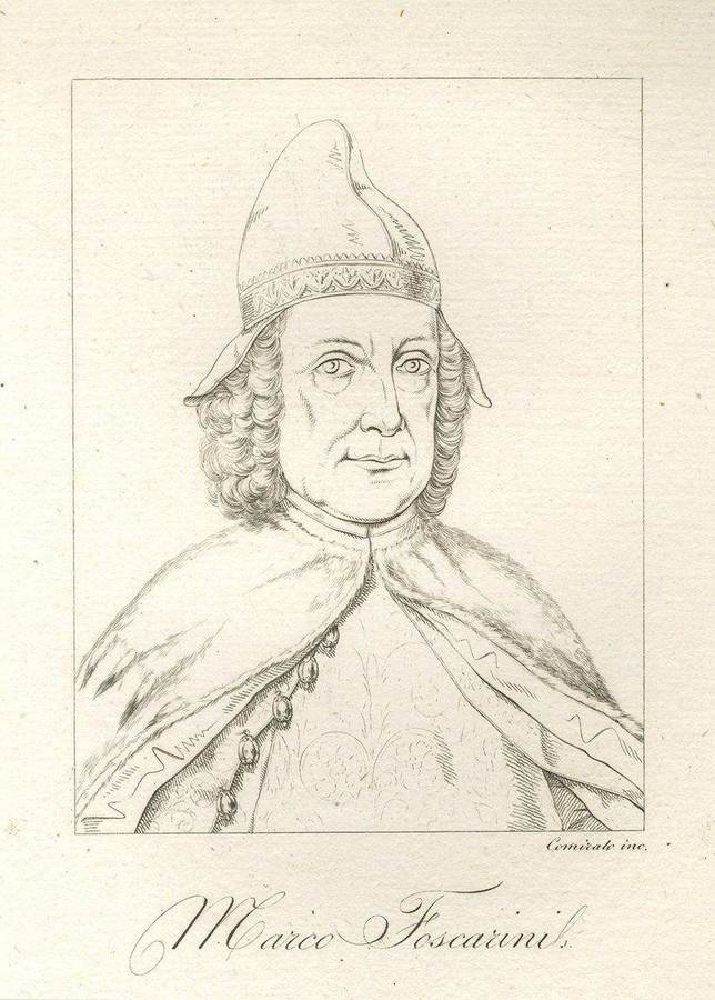 Incisione raffigurante il doge Marco Foscarini (1696-1763): personaggio di graande cultura, ebbe un breve dogato a causa della malattia insorta poco dopo la sua elezione