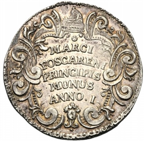 Il rovescio dell'unica osella a nome di Marco Foscarini, emessa in oro con pesi di 6 e 4 ducati, e in argento con peso standard e doppio