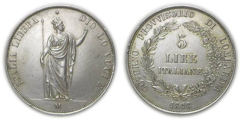 Numismatica Rinaldi, Listino dicembre 2022. MILANO. Governo Provvisorio (1848). 5 lire. P. 213. Ottimo SPL, lievissimi colpetti sui bordi, fondi lievemente puliti. € 190,00