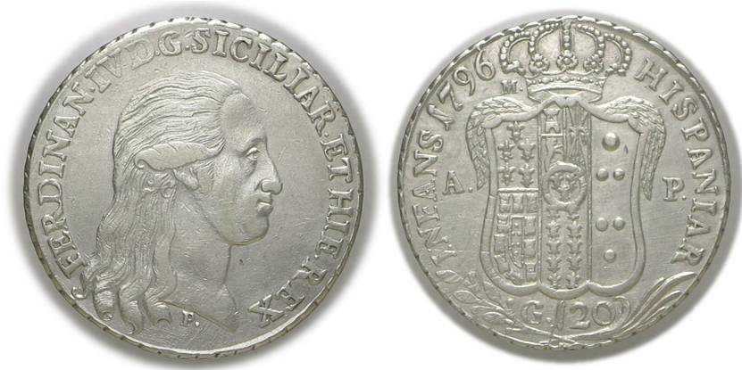 Numismatica Rinaldi, Listino dicembre 2022. NAPOLI. Ferdinando IV. 120 grana 1796. P.R. 62, MIR.373/1. SPL, lievissime striature di conio al R/, fondi lievemente puliti. € 150,00