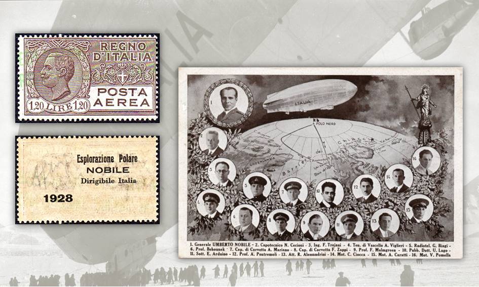 A sinistra, uno dei 1000 francobolli da 1,20 lire di posta aerea sovrastampati al retro con indicazione del volo polare; a destra, cartolina celebrativa del volo partito da Milano il 15 aprile 1928