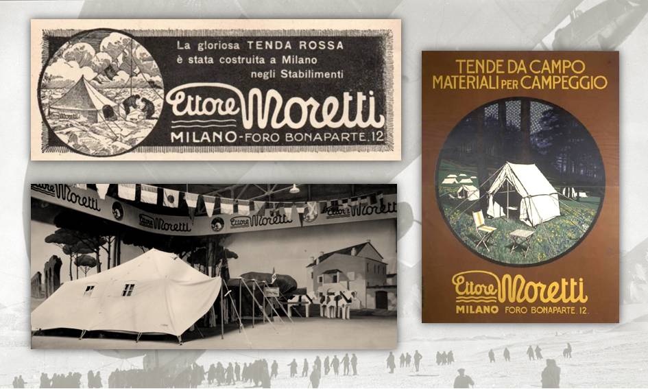 A sinistra, in alto trafiletto pubblicitario della ditta Ettore Moretti, produttrice della "tenda rossa", in basso il padiglione dell'azienda alla Fiera di Milano del 1933; a desta, un altro manifesto pubblicitario