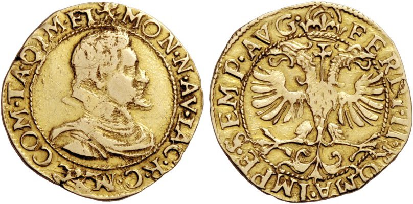 Gicomo III Mandelli (1618-1645). Ducato in oro: si tratta di una moneta estremamente rara fra quelle battute dall'officina monetaria aperta a seguito della concessione imperiale