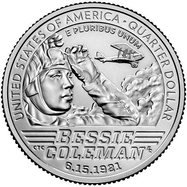 La Coleman con cuffia e occhialoni da volo sul rovescio della moneta che la US Mint le ha appena dedicato nell'ambito del programma pluriennale di emissioni American Women Quarters