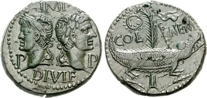 Un altro esemplare di dupondio "al coccodrillo", dell'ultimo tipo, con i profili contrapposti di Agrippa e Augusto 