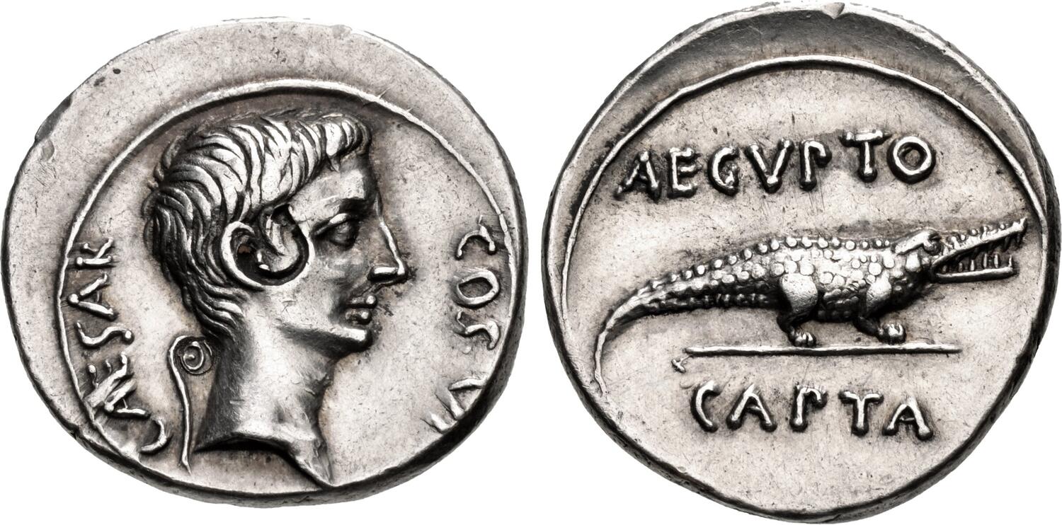 Un bell'esemplare di denario in argento "al coccodrillo" coniato dopo la battaglia di Azio nel 28 a.C. 