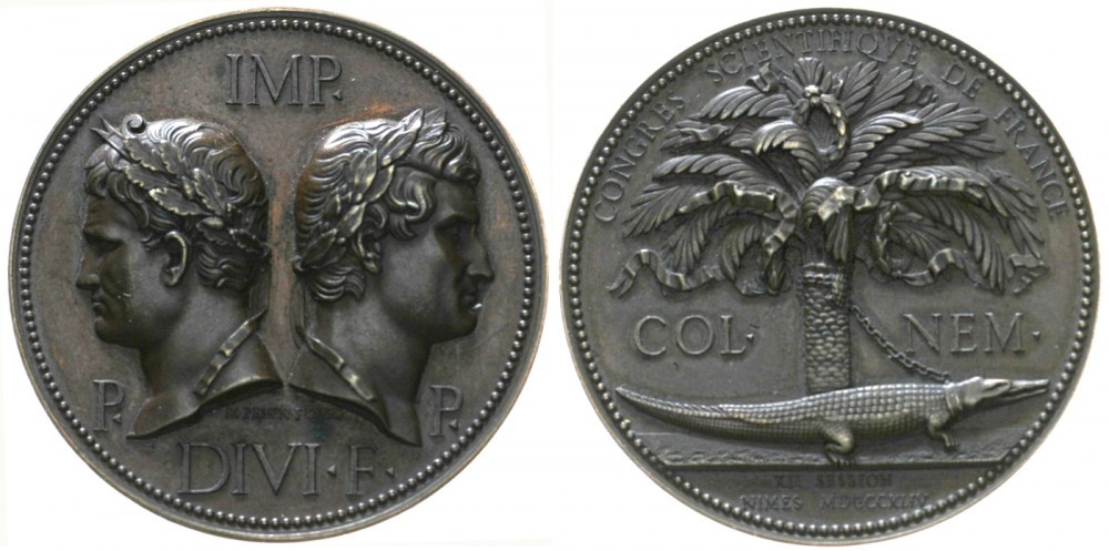 Medaglia in bronzo del 1844 per il Congresso scientifico di Francia che si tenne in quell'anno a Nîmes: bel rifacimento moderno dei soggetti apparsi sulle monete augustee