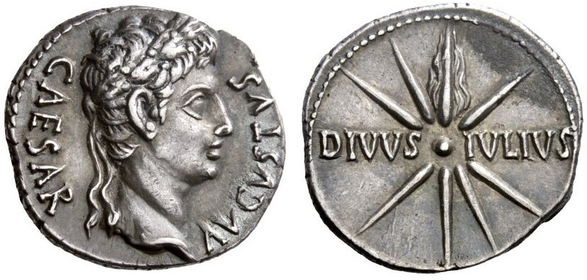 Il denario fatto coniare da Augusto nel 19-18 a.C. con al dritto il nome del Divo Giulio (DIVVS IVLIVS) e la Cometa di Cesare apparsa poche settimane dopo le Idi di Marzo