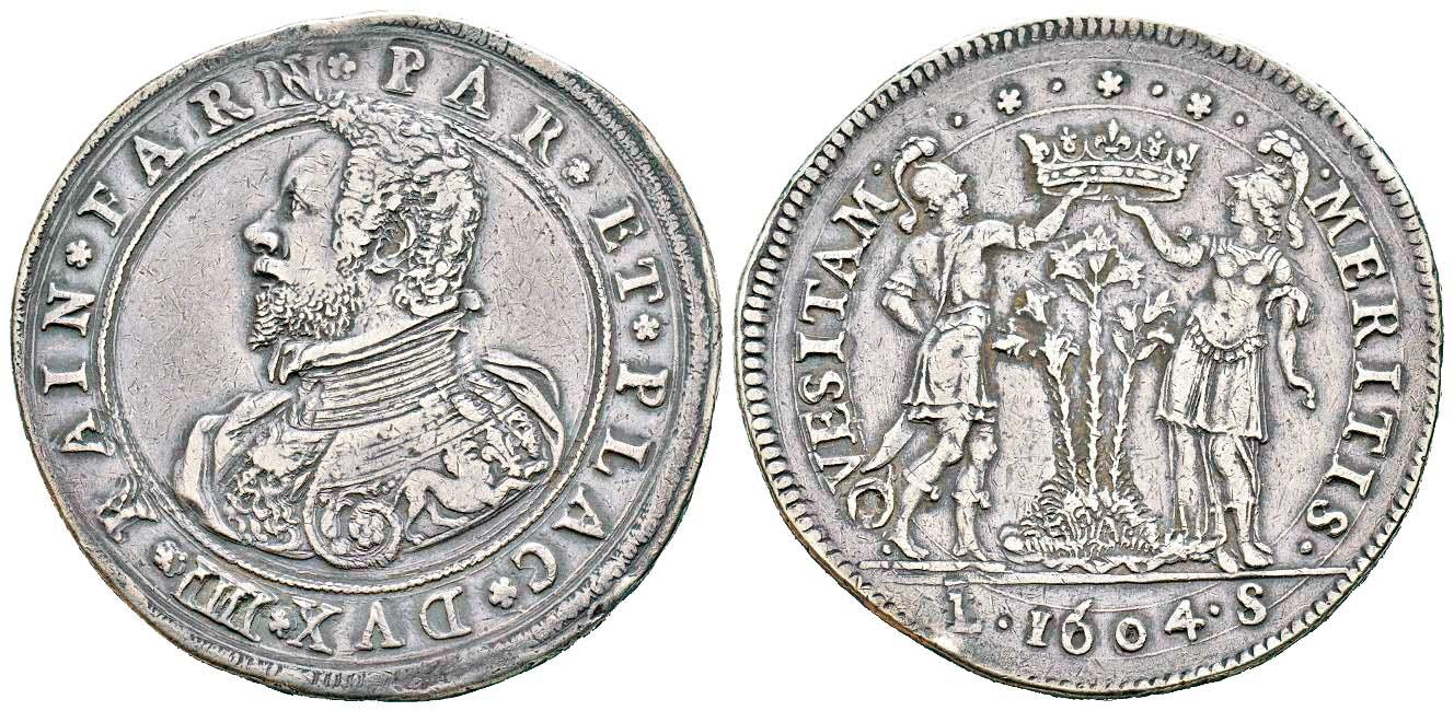 Il 1604 è il primo anno in cui, a nome di Ranuccio I Farnese, vengono coniati questi ducatoni con il rovescio raffigurante Marte e Minerva che pongono la corona sulle piante di giglio emblema del casato