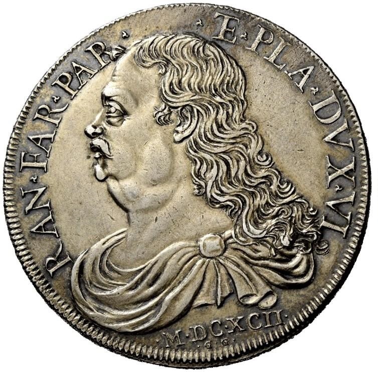 Ritratto di Ranuccio II Farnese sul dritto del raro ducatone in argento coniato nel 1692