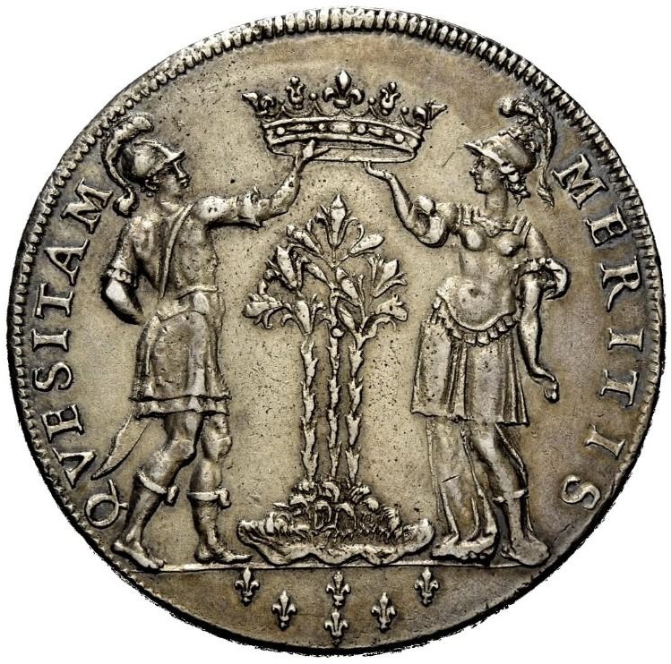 Il rovescio di un ducatone di Ranuccio II Farnese: la corona QVAESITAM MERITIS, ossia "acquisita con i meriti", sormonta una rigogliosa pianta di gigli, i cui fiori si trovano anche in esergo come elementi araldici