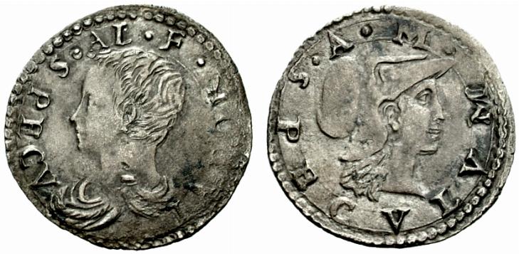Il primo tipo di parpagliola su cui un giovanissimo Farnese è abbinato ad Alessandro Magno, e l'uno "si specchia" nell'altro in un parallelo fra uomini d'arme di due epoche diverse