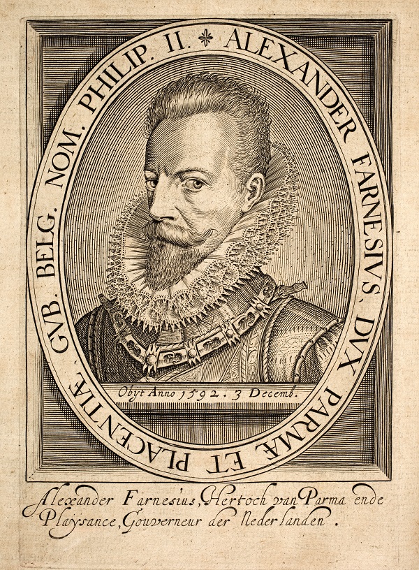 Alessandro III Farnese in un'incisione che ne riporta la data di morte, il 3 dicembre del 1592