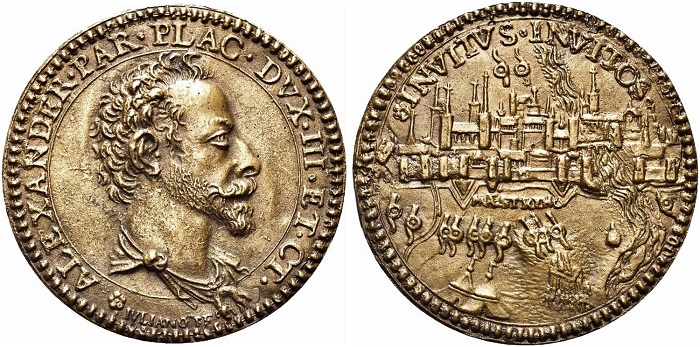 Le doti militari del terzo duca di Parma e Piacenza sono state celebrate anche in medaglia, come ad esempio in questa rarissima fusione in brionzo che ricorda l'assedio di Maastricht del 1584-1585