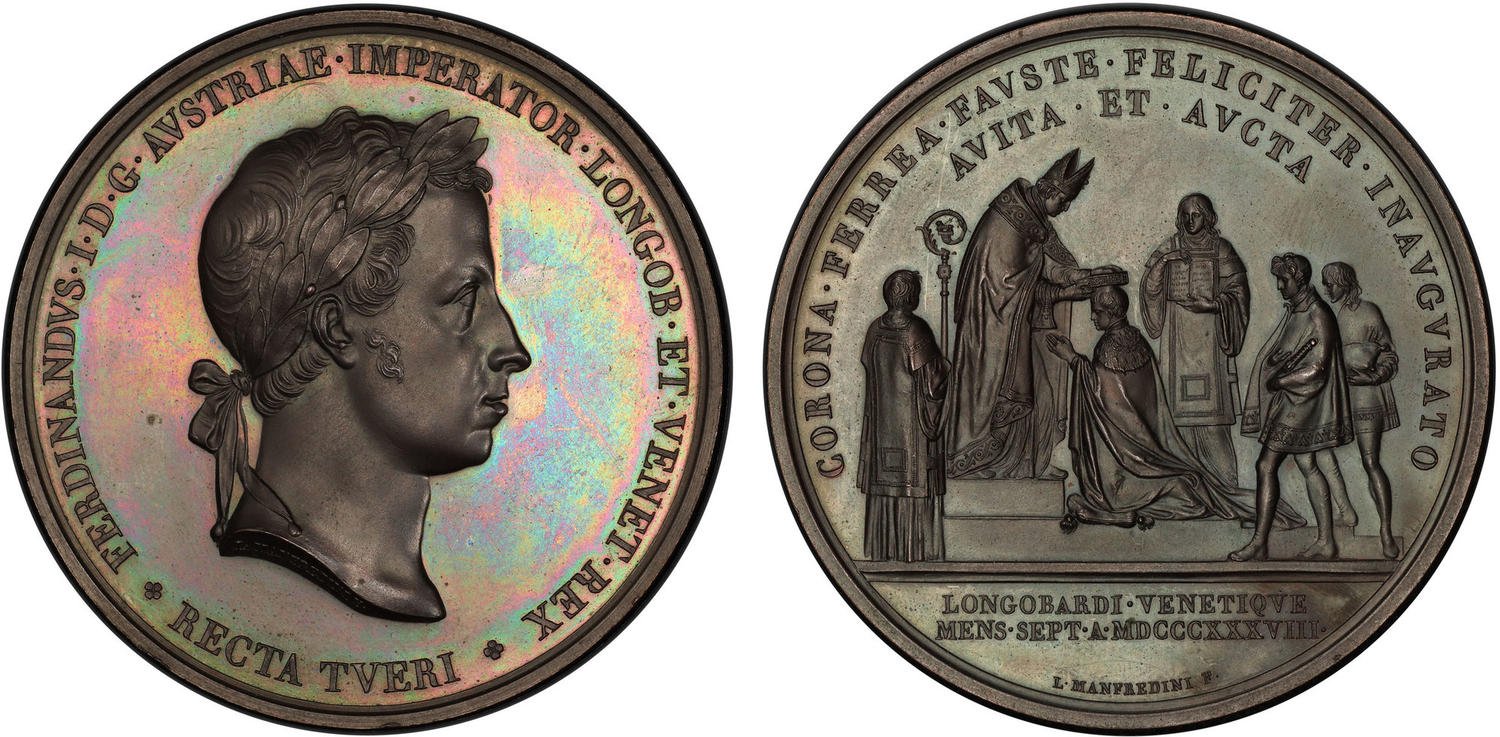 Medaglia commemorativa (bronzo, mm 52) per l'incoronazione a Milano di Ferdinando I d'Asburgo Lorena (1838) opera di Luigi Manfredini: sotto il ritratto al dritto il motto che recita "Difendere le cose giuste" Medaglia commemorativa (bronzo, mm 52) per l'incoronazione a Milano di Ferdinando I d'Asburgo Lorena (1838) opera di Luigi Manfredini: sotto il ritratto al dritto il motto che recita "Difendere le cose giuste"