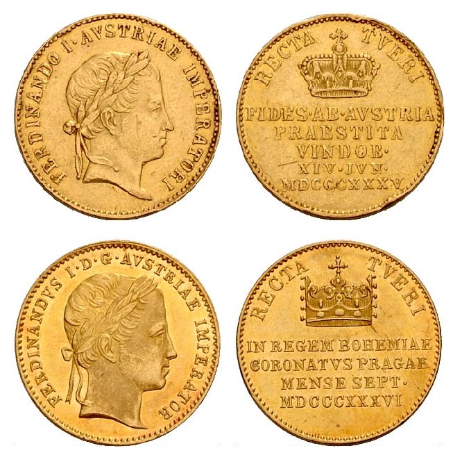 Zecchini "del giuramento" a nome di Ferdinando I imperatore coniati in oro, rispettivamente, in occasione dell'incoronazione di Vienna del 1835 e della cerimonia di Praga del 1836