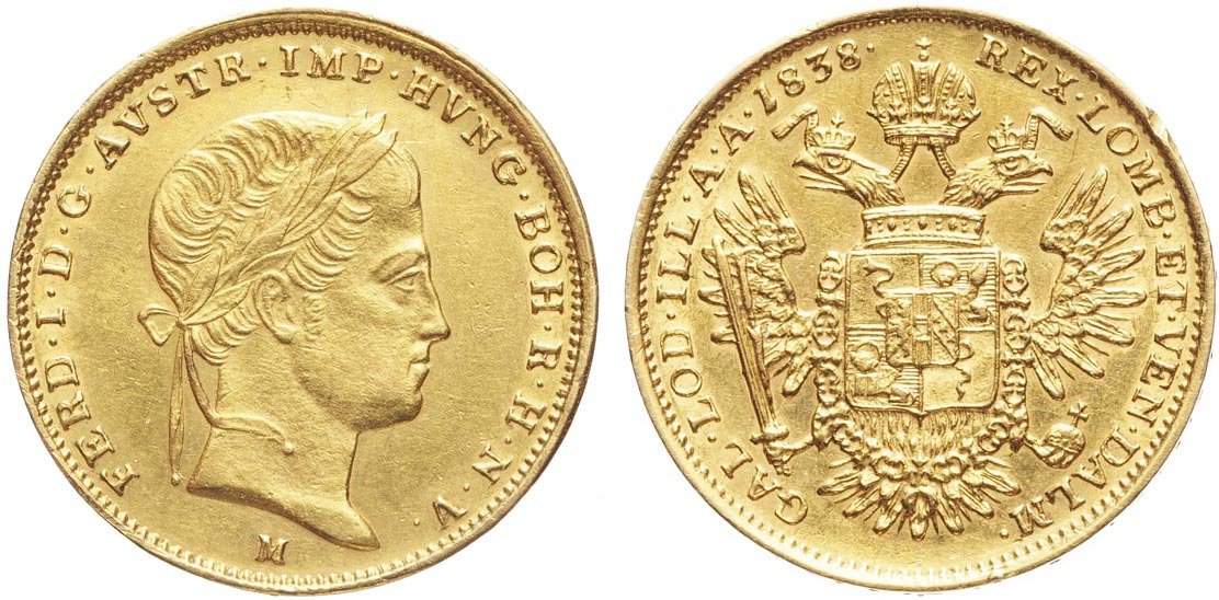 Mezza sovrana in oro coniata a Milano nel 1838: il motto RECTA TVERI ("Difendere le cose giuste") è impresso sulla ghiera, come accade su altre monete milanesi e veneziane di questo sovrano del Lombardo Veneto