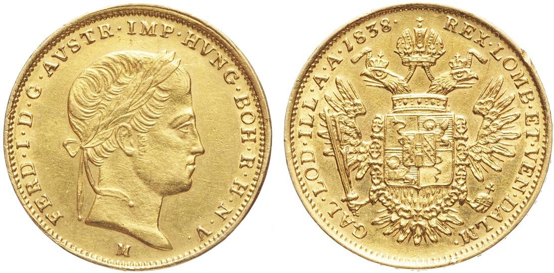 Mezza sovrana in oro coniata a Milano nel 1838: il motto RECTA TVERI ("Difendere le cose giuste") è impresso sulla ghiera, come accade su altre monete milanesi e veneziane di questo sovrano del Lombardo Veneto Mezza sovrana in oro coniata a Milano nel 1838: il motto RECTA TVERI ("Difendere le cose giuste") è impresso sulla ghiera, come accade su altre monete milanesi e veneziane di questo sovrano del Lombardo Veneto