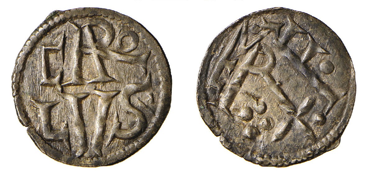 Carlo Magno (774-814), denaro coniato dalla zecca di Milano (Ag, g 1,08, mm 19,65). Al D/ CARO | LV; al R/ RF con un globo sotto la F e quattro sotto la R, a sinistra MED in monogramma