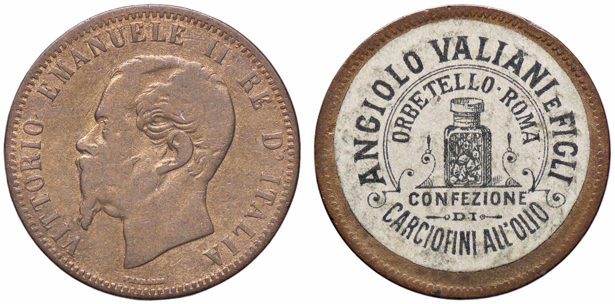 Una moneta da 10 centesimi di Vittorio Emanuele II trasformata in un curioso gettone pubblicitario per il celebre carciofino sott'olio della ditta Angiolo Valiani e Figli
