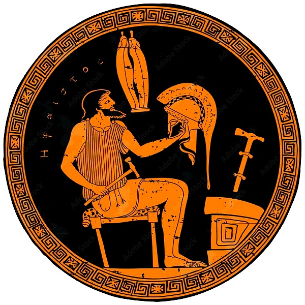 Efesto/Vulcano, raffigurato mentre forgia un elmo, sul fondo di una ceramica greca a figure rosse: la sua disabilità è rappresentata dal fatto che il dio lavora seduto su uno sgabello
