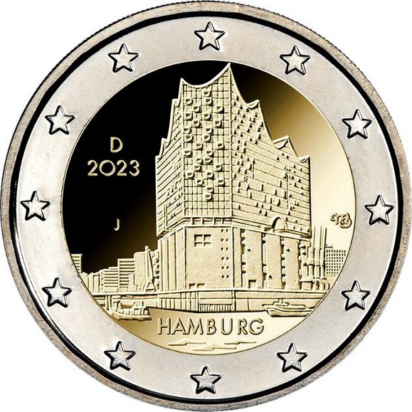 Sui 2 euro di Germania dedicati ad Amburgo campeggia l'avveniristico profilo della Elbphilarmonie, l'auditorium che si affaccia sul porto della città anseatica