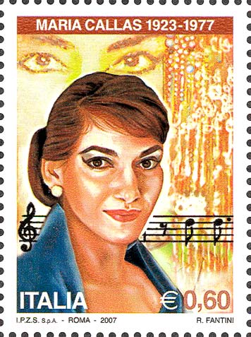 Tra i tanti omaggi filatelici ricevuti dalla Divina, Maria Callas, c'è anche questo da 0,60 euro emesso dall'Italia nel 2007,30° anniversario della morte della cantante che fu molto legata al nostro paese