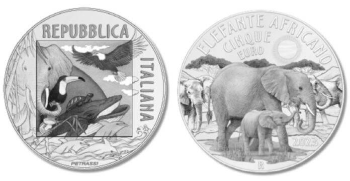 Nella Collezione 2023 di IPZS, la fortunata serie di monete in bronzital dedicata alle specie animali a rischio estinzione prosegue con una 5 euro policroma dedicata all'elefante africano