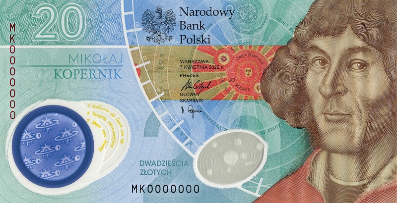 Il fronte della banconota commemorativa appena emessa dalla Narodowy Bank Polski con facciale di 20 zloty: il ritratto di Copernico è abbinato a richiami alla sua teoria astronomica