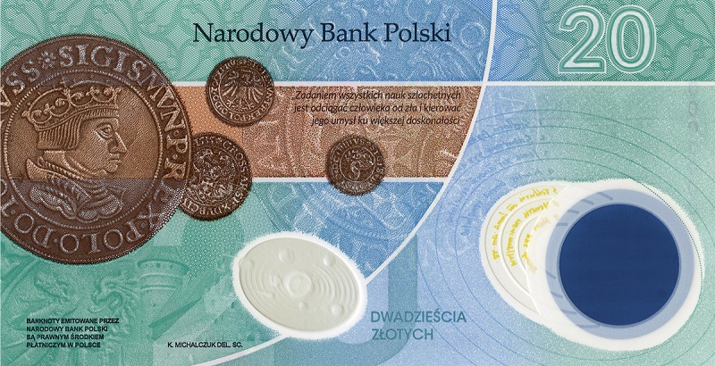 Sul retro della banconota per il padre della teoria eliocentrica, che rappresentò un'autentica rivoluzione, alcune monete polacche del XVI secolo, epoca in cui visse il grande scienziato