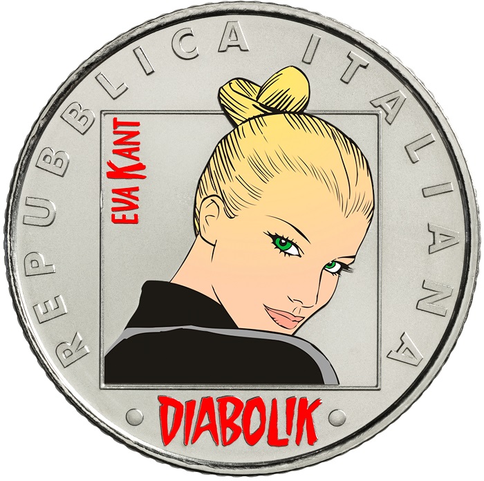 Il dritto dei 5 euro in cupronichel che inaugurano la serie di monete per Diabolik: 12 mila gli esemplari disponibili ai quali seguiranno le coniazioni per il celebre ladro e l'ispettoree Ginko e le tre versioni in argento