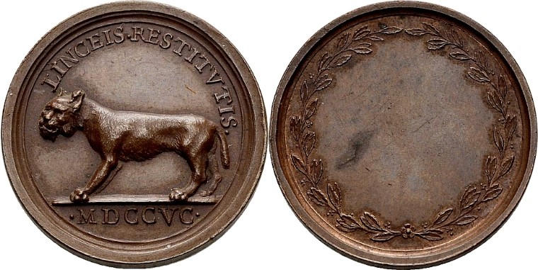 Medaglia dell'Accademia dei Lincei in periodo pontificio: questa in bronzo, diametro 31 millimetri, venne coniata nel 1795 e presenta il rovescio vuoto, destinato a iscrizioni premiali o dedicatorie