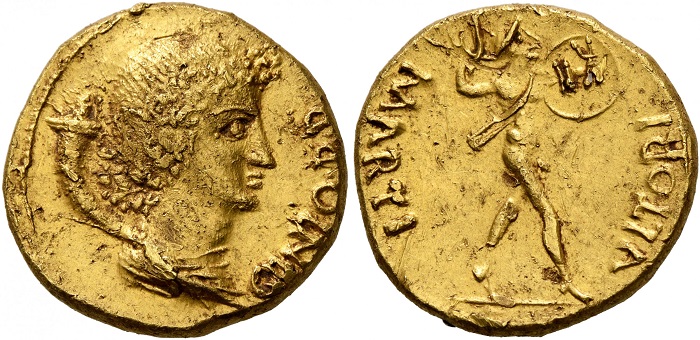 Due soli esemplari noti per questo eccezionale aureo coniato da una zecca al seguito delle armate di Galba nella Penisola iberica nell'anno 68: al rovescio Marte vendicatore