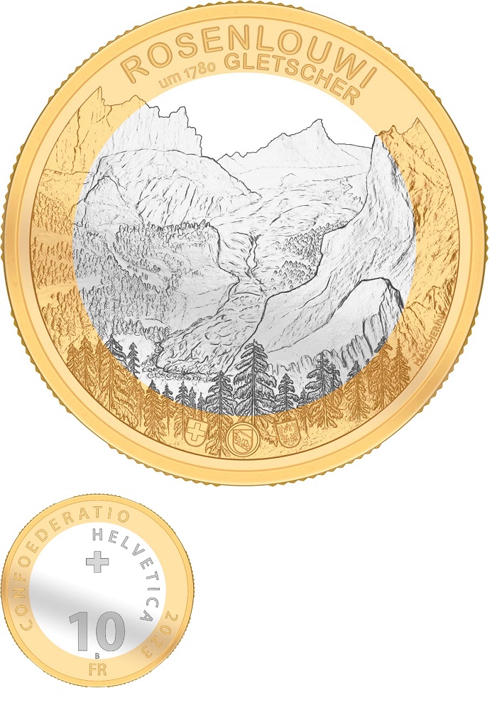 La bimetallica da 10 franchi che Swissmint ha emesso per esaltare le bellezze naturali del Ghiacciaio di Rosenlaui, uno dei siti UNESCO del paese