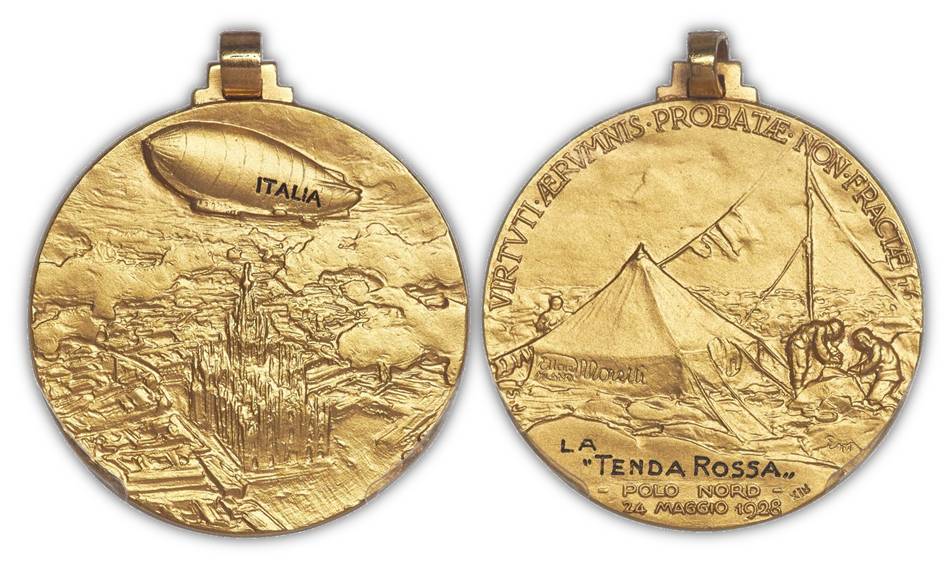 La rarissima medaglia in oro fatta realizzare da Ettore Moretti, imprenditore milanese che realizzò su progetto di Felice Trojani la celebre "Tenda rossa" che diede rifugio a Nobile e ai suoi uomini al Polo Nord nel 1928
