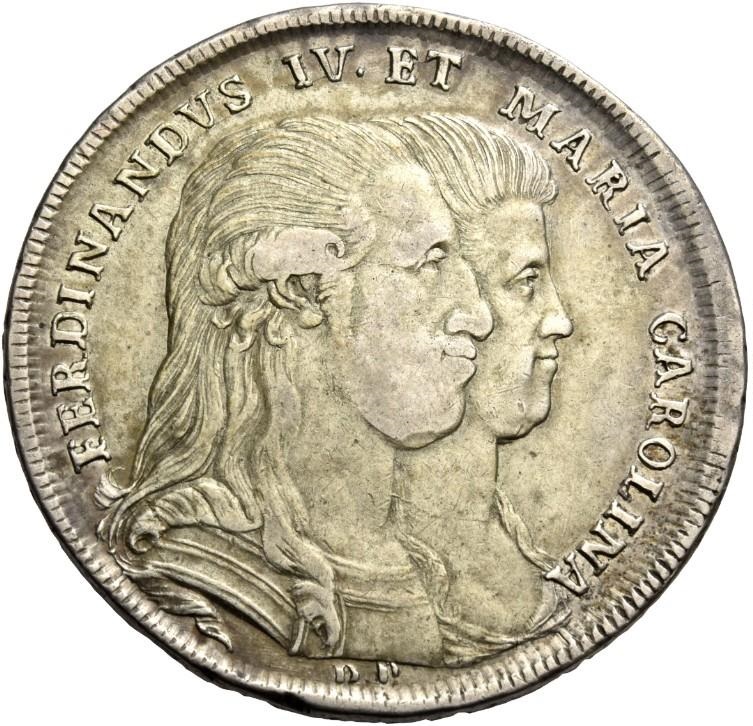 I profili accollati dei due sovrani di Napoli e di Sicilia sul dritto della piastra Partenope coniata nel 1791