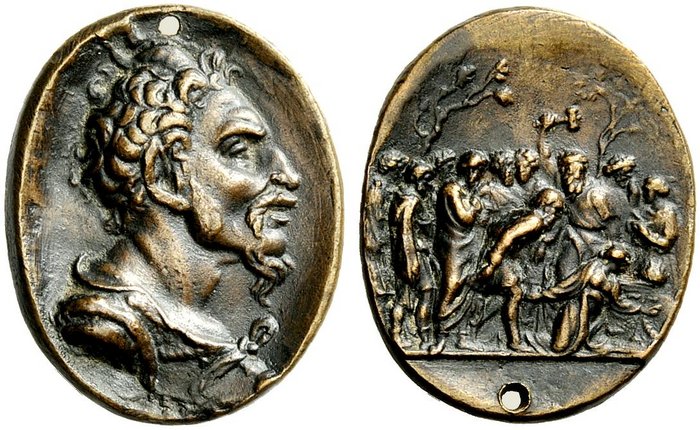 Medaglia (1575) attribuibile a Valerio Belli, bella fusione in bronzo con al dritto il busto di Attila rivolto a destra e al rovescio la scena del sacrificio di Ifigenia