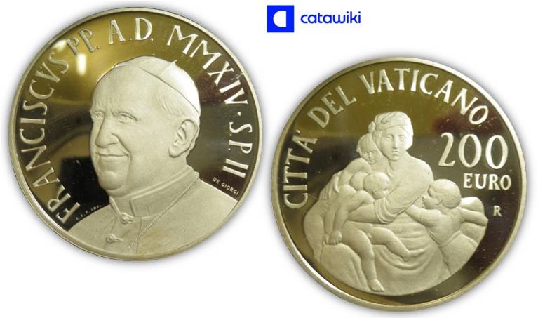 Massimale della serie euro dei papi, il taglio da 200 euro è proposto qui nell'edizione 2014  con ancora il ritratto di papa Francesco, prima che il pontefice decidesse di sostituire il proprio volto in moneta con lo stemma araldico