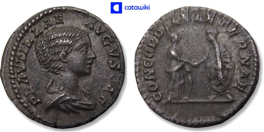 Tra le monete della speciale asta di Catawiki dedicata alle donne nella numismatica c'è anche questo denario romanodel 203 d.C. con al dritto ritratto di Plautilla e al rovescio la stessa ritratta per mano con il marito, l'imperatore Caracalla