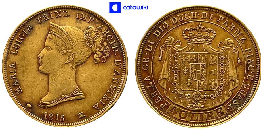 Elegante e affascinante, Maria Luigia di Parma, Piacenza e Guastalla è effigiata su questa preziosa 40 lire oro proposta nell'asta Catawiki di monete dedicate alle donne nella numismatica