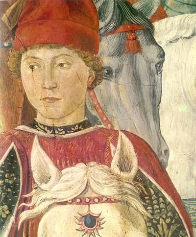 Il probabile ritratto di Galeazzo Maria Sforza eseguito da Benozzo Gozzoli nella Cappella dei Magi in Palazzo Medici Riccardi a Firenze