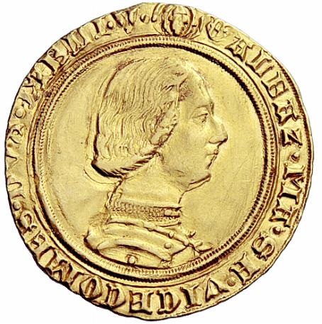 Il fine ritratto di Galeazzo Maria Sofrza sul doppio ducato coniato a Milano: il duca fu un innovatore della monetazione italiana, dando vita al primo testone