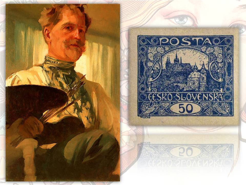 Un autoritratto del pittore Alphonse Mucha e uno dei primi francobolli della Repubblica Cecoslovacca nata nel 1918, disegnato dall'artista in appena un giorno di lavoro