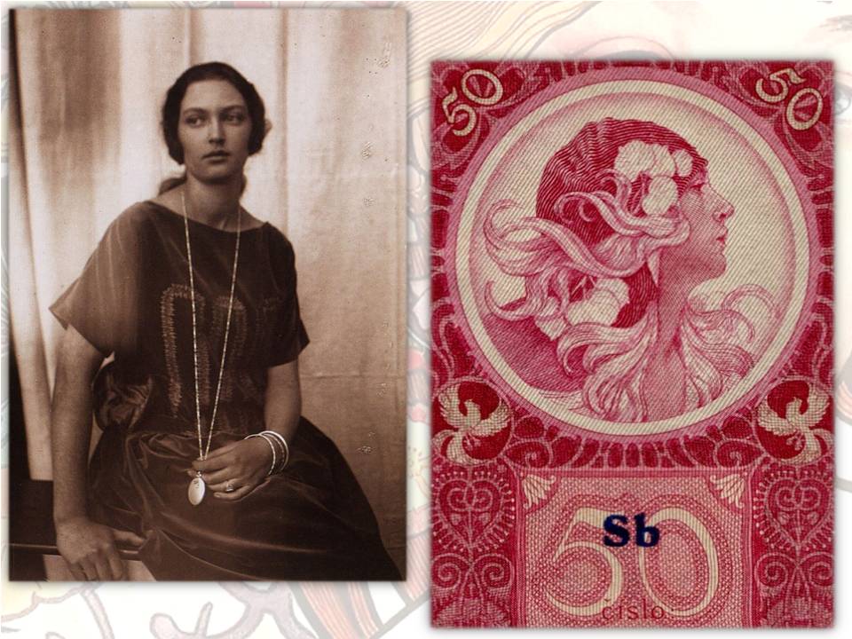 Jaroslava Muchova (1909-1986) è stata a sua volta una valente pittrice: qui la vediamo in una bella foto giovanile e nel ritratto di profilo che il padre disegnò per la banconota da 50 corone