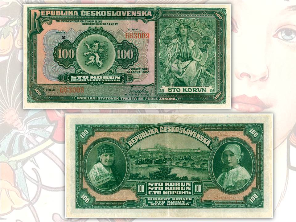 Sulle 100 corone della Repubblica Cecoslovacca, la mano di Mucha si ritrova nella figura di Slavia sul dritto, mentre il rovescio pittorico riporta i ritratti di due donne e una veduta di Praga