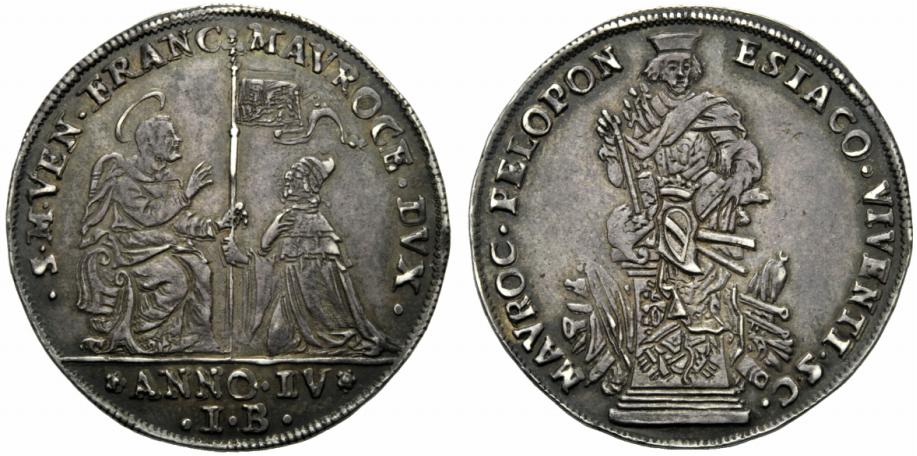Un esemplare in argento dell'osella del 1691, anno IV di dogato di Francesco Morosini, con al rovescio il monumento al "Peloponnesiaco" che lo ritrae col permesso del Senato