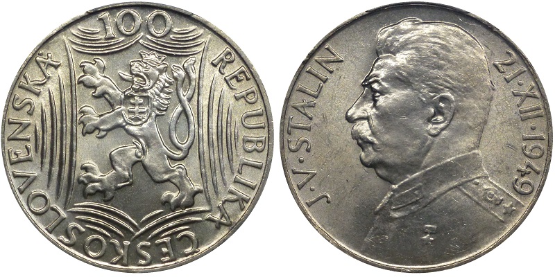 Nel 1949, la Cecoslovacchia dedica al 70° compleanno del compagno Stalin una moneta da 100 corone in argento al titolo di 500 millesimi, con peso di 14 grammi e diametro di 31 millimetri