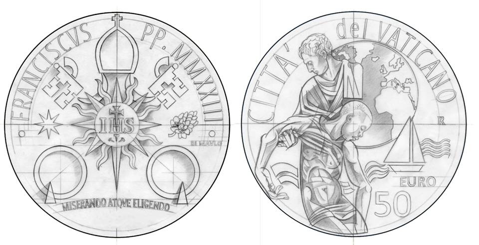 Un'interpretazione modernissima dello stemma papale, un forte richiamo alla solidarietà verso i migranti nei bozzetti dell'artista Gabriele Di Maulo per la moneta in oro da 50 euro del Vaticano