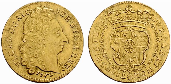 Vittorio Amedeo II ritratto col titolo di re di Sicilia (oltre che con quelli "virtuali" di Cipro e Gerusalemme) su questa rarissima doppia in oro coniata dalla zecca di Torino nel 1714