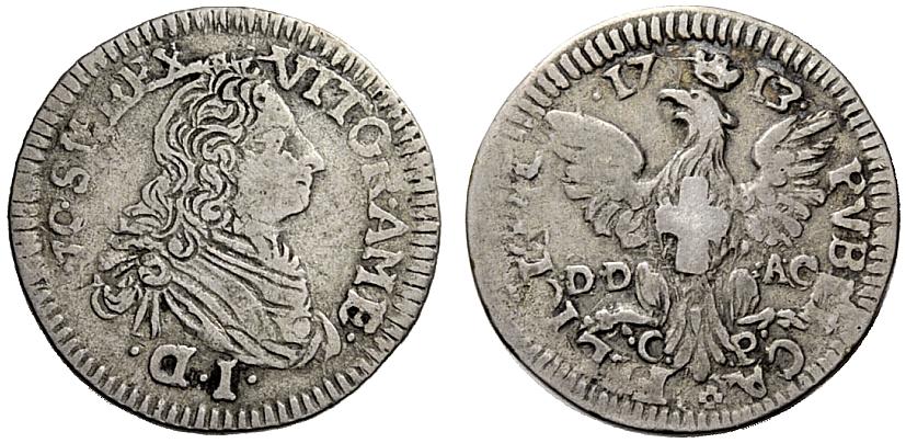 Moneta da un tarì del 1713 coniata a Palermo sotto Vittorio Amedeo II di Savoia con al rovescio le iniziali DD | AC del maestro di zecca "Doctor Don Antonino Calcerano"